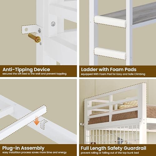 Bunk Bed Twin Over Twin with Desk, LED Lights and Hall Tree, L-Shaped Bunk Bed with Charging Station, 5 Storage Drawers, Twin Bunk Beds with 13.4"H Guardrail & Stairs, No Box Spring Needed, White thumbnail 7