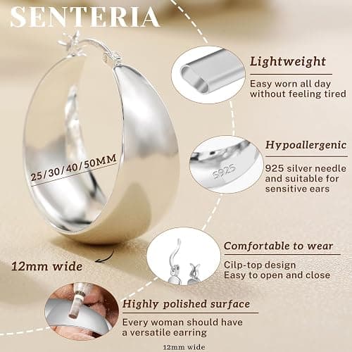 Senteria 12mm Wide Thick Hoop Earrings 925 Sterling Silver Hoop Earrings for Women Hypoallergenic 14K Real Gold Plated Hoops Large Earring Lightweight Chunky Hoops Earring for Women 25/30/40/50MM thumbnail 3