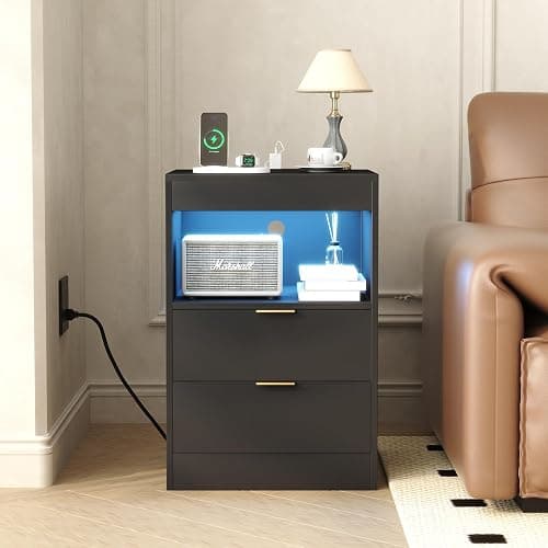 Yusong Night Stand, Bedside Table, LED Nightstand with Charging Station, Modern Night Stand, Wood Sofa Couch End Side Table with 2 Pull-Out Shelf (Black) thumbnail 9