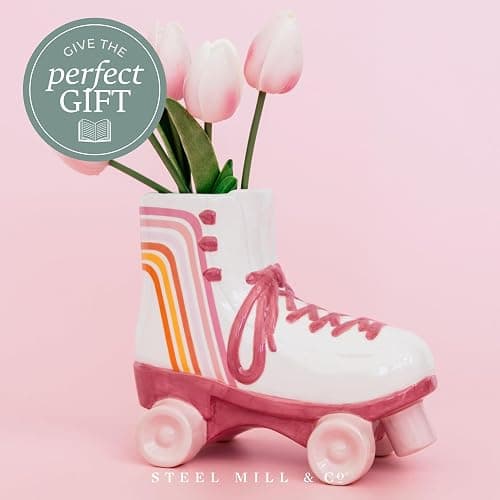 Steel Mill & Co. Cute Retro Ceramic Roller Skate Vase | Flower Vase and Desk Pot Pen and Pencil Holder, Vintage Decor for Home or Office, Small Round Container thumbnail 6