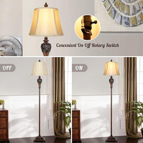 Vintage Floor Lamp for Living Room Traditional Farmhouse Tall Standing Lamp Mid-century Antique Bedroom Pole Lamp with Bell Shape Faux Silk Shade Elegant Rustic Bright Lighting for Reading Home Decor thumbnail 3