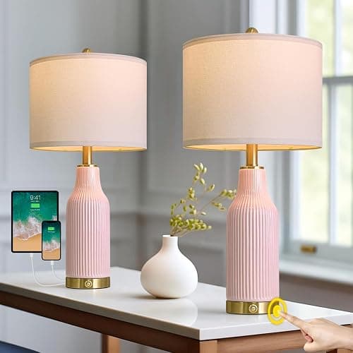 USumkky 24.5" Modern 3-Way Dimmable Touch Control with 5FT Cord & USB A+C Ceramic Lamps Set of 2 Table Lamp for Living Room Bedroom Farmhouse Nightstand Bedside Pink thumbnail 2