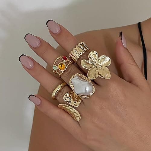 Otxas Chunky Rings for Women Adjustable Statement Rings Baroque Pearl Flower Ring Stackable Rings Set 6Pcs Chunky Jewelry thumbnail 4