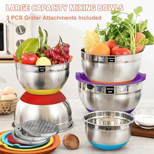 Umite Chef Mixing Bowls with Airtight Lids Set, 8PCS Stainless Steel Nesting Bowls Set, 3 Grater Attachments & Non-Slip Bottoms, Size 5, 4, 3.5, 2, 1.5QT for Baking & Mixing(Colorful) thumbnail 6