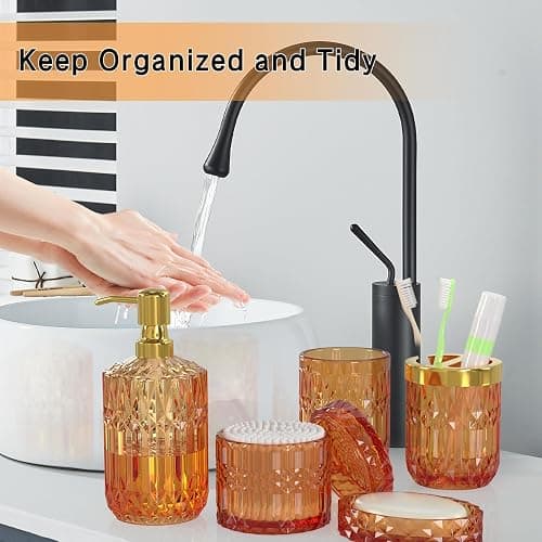 Orange Glass Bathroom Accessories Set 5 Pcs, Orange Bathroom Set, Soap Dispenser and Toothbrush Holder Set, Qtip Holder Set, Vintage Bathroom Sink Set, Cute Bathroom Decor thumbnail 5