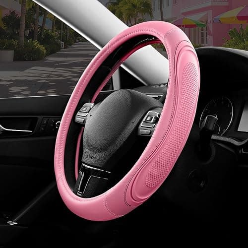 Road Comforts Car Steering Wheel Cover - Microfiber Leather Steering Wheel Wrap Sports 14.5-15 Inch Steering Wheel Cover Non-Slip for Men Women Pink & Pink Color - Image 1