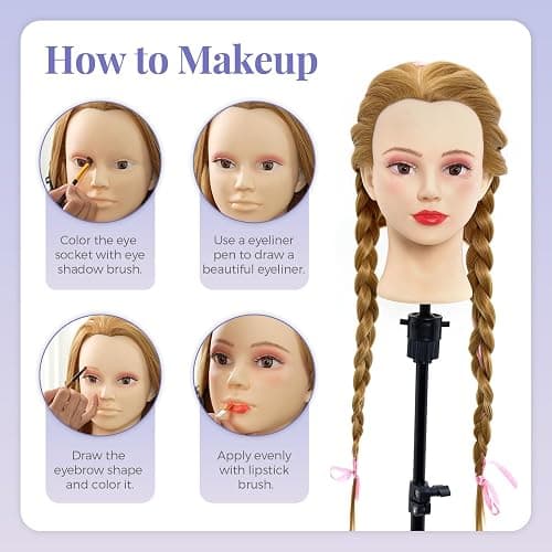 Mannequin Head with 80% Real Human Hair - 28 Inch Makeup Cosmetology Manikin Doll Head for Hair Styling, Training Practice Braiding Mannequin Head with False Eyelashes Hair Styling Set thumbnail 4