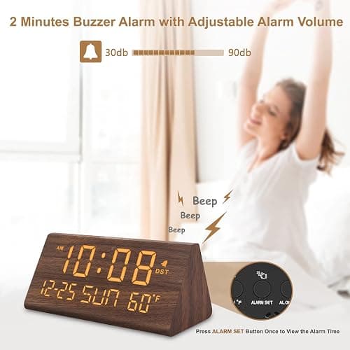 DreamSky Digital Alarm Clocks for Bedrooms - Wooden Desk Clock with Date, Day of Week, USB Port, Temperature, Dimmer for Bedside Table, Living Room, Office, Adjustable Volume, Auto DST, Wood Decor thumbnail 7