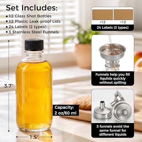 AOZITA 12 Pack, 2 oz Small Clear Glass Bottles w/Lid & 3 Funnels - 60ml Boston Shot Bottles for Health, Immunity, Potion, Wellness, Sample, Ginger, Juice - Mini Personal Care & Beauty Travel Bottle thumbnail 6