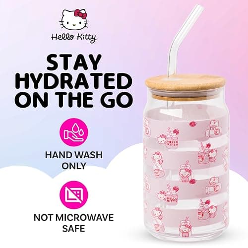 Silver Buffalo Sanrio Hello Kitty Strawberry Milk Pink Glass Jar Tumbler with Bamboo Lid and Glass Straw, 16 Ounces thumbnail 2