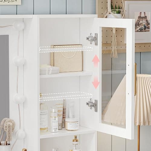 White Vanity Table with Drawer Dresser, Farmhouse Vanity Makeup Desk with Charging Station, Vanity Desk with Lights Mirror & Drawers for Makeup,Vanity Desk with Storage Shelf & 5 Drawers (Gold Handle) thumbnail 6