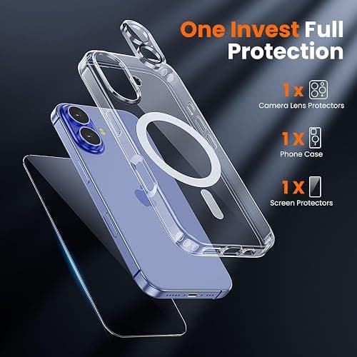 toushion 3 in 1 for iPhone 16 Case Clear with MagSafe, Not Yellowing, Screen Protector*1 Camera Lens Protector*1, Military-Grade Protection for iPhone 16 Phone Case 6.1 inch Clear thumbnail 3