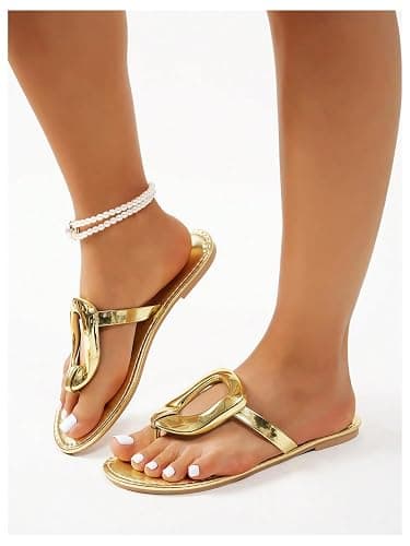 OYOANGLE Women's Metallic Dressy Sandals Flip Flops Vacation Slide Sandals | Vacation Sandals, Beach Flat Sandals, Summer Sandals, Open Toe, Lightweight Thong Sandals thumbnail 3