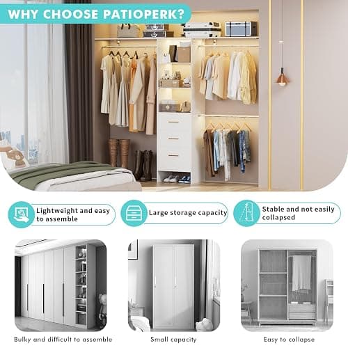 PatioPerk Closet System with Drawers, 8FT Walk in Closets Organizer with 3 Shelving Towers, 96" Wooden Storage Systems with Hanging Pods, Built-in Garment Rack for Bedroom thumbnail 6