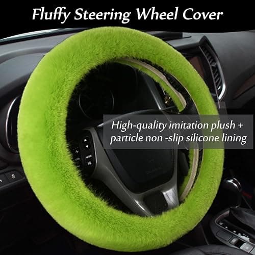 9-Pack Fluffy Car Accessories Set,Silence Shopping Fluffy Steering Wheel Cover Winter Warm Fur Steering Wheel Cover Fuzzy Car Decoration Accessories for Women Girls (Green) thumbnail 2