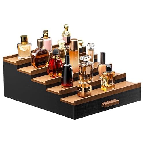 Sephyroth Cologne Organizer 5 Tier of Elegant Bamboo Perfume Organizer for Men with Hidden Storage and Practical Drawer, Perfect for Cologne Display & Gift (5T-BlackWalnut) - Image 1