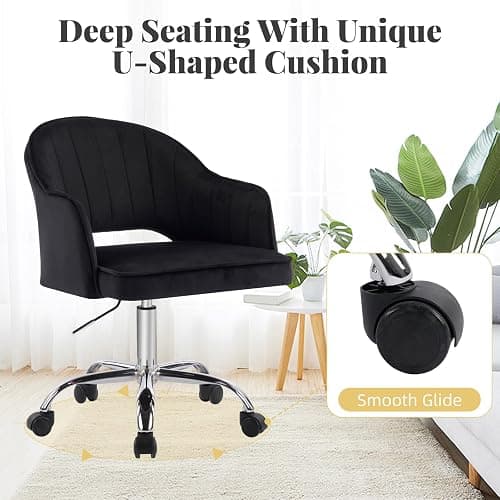 MOJAY Modern Vanity Chair with Wheels, Mid-Back Cutout Velvet Home Office Chair, Swivel Height-Adjustable Soft Seat Cute Desk Chair with Arm Support (Midnight Black) thumbnail 5