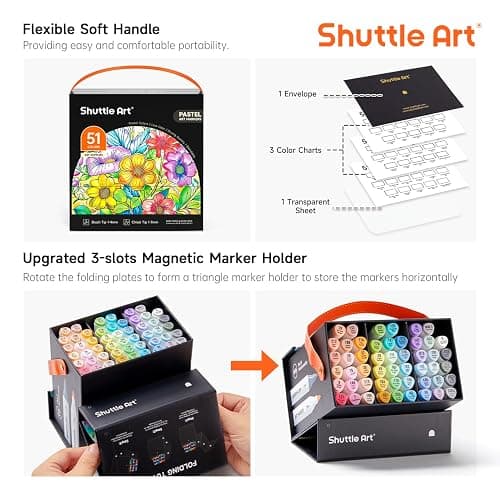Shuttle Art Pastel Alcohol Markers Brush tip, Dual Tip Brush & Fine Tip Art Marker Set, 50 Colors plus 1 Blender Marker Pens with Case Perfect for Illustration Kids Students Adults Coloring Sketching thumbnail 5