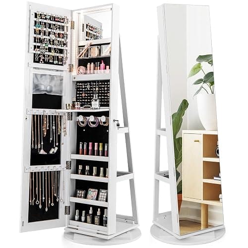 CHARMAID 360° Swivel Jewelry Armoire with Full Length Mirror, Rear Storage Shelves, Lockable Standing Jewelry Cabinet Organizer with Interior Vanity Mirror and 3-Color Lights (White) - Image 1