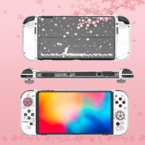 Cute Switch OLED Case – Dockable Glitter Clear Protective Cover with Cherry Blossom Design, Tempered Glass Screen Protector & Thumb Grips for Nintendo Switch OLED thumbnail 3