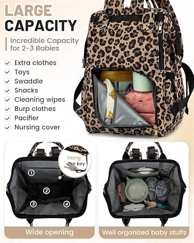 fufazfo Corduroy Diaper Bag Backpack, Large Capacity Multifunction Baby Diaper Bags for Women, Insulated Bottle Pockets & Pacifier Case, Stylish Travel Nappy Changing Bags for Mom Dad (Leopard Brown) thumbnail 4