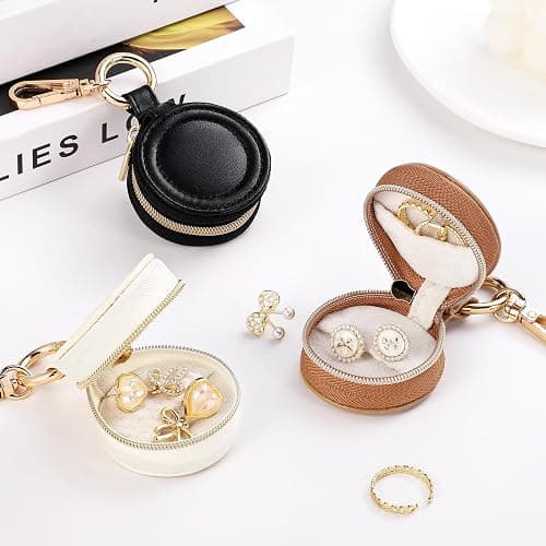 Oranllow 2 Pcs Portable Jewelry Ring Holder Boxs with Keychain, Small Jewelry Travel Sports Ring Keeper Case Earring Stud Necklace Storage Organizer Case (White+Khaki) thumbnail 8