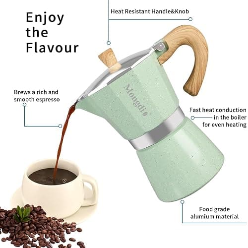 Mongdio Stovetop Espresso Maker Moka Pot, Cuban Coffee Maker Stove top coffee maker Moka Italian Espresso Greca Coffee Maker Brewer Percolator, 6 Espresso Cups, 10 oz - Green thumbnail 6