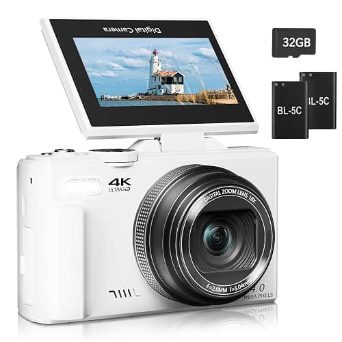 Digital Camera for Photography, 4K Vlogging Camera for YouTube 3" 180° Flip Screen 18X Digital Zoom Compact Cameras with 32GB TF Card & 2 Batteries, White - Image 1
