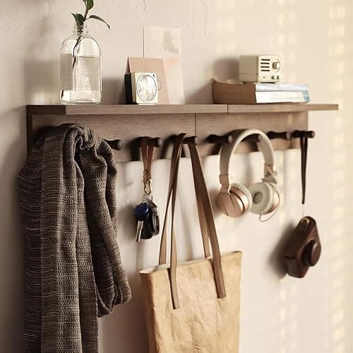 XAOMLP Entrance Coat Rack ，Coat Hooks, Wall-Mounted Wooden Hook Rack, Wall-Mounted Shelves are Very Suitable (Walnut Colored Finish-1) thumbnail 5
