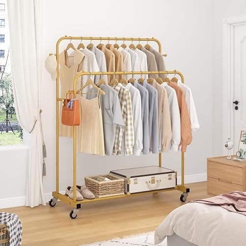 Laiensia Double Rods Garment Rack with Wheels, Clothing Rack for Hanging Clothes,4 Hooks, Multi-functional Bedroom Clothes Rack, Gold thumbnail 4