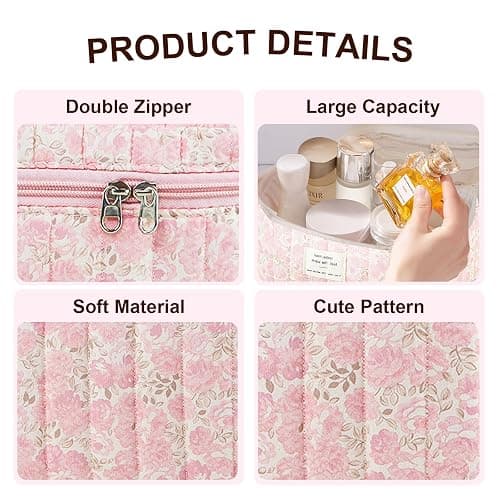 GISMTR 3Pcs Makeup Bag Cotton Quilted Travel Cosmetic Bag Cute Floral Makeup Pouch Large Toiletry Bag for Women Girls (Flowers-Pink3) thumbnail 3