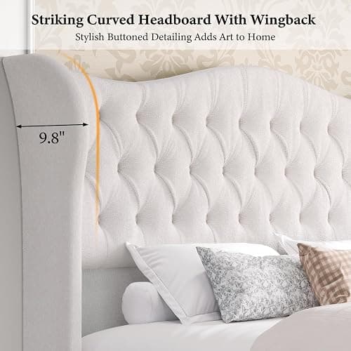 Queen Size Bed Frame-Upholstered Platform Chenille Sleigh Bed-51 inch Scroll Wingback Tall Headboard Footboard-Deep Button Tufted-Easily Assemble-Wood Slats Support-No Box Spring Required-Cream thumbnail 4