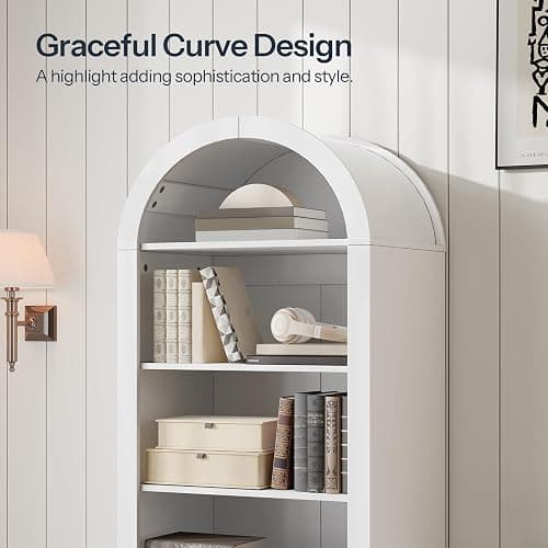 HOOBRO 71" Tall Arched Bookshelf, 6-Tier Narrow Arched Bookcase with File Drawer, Farmhouse BookShelf with Adjustable Shelves, Wooden Bookshelf with Open Display Shelves for Living Room, Office, White thumbnail 5