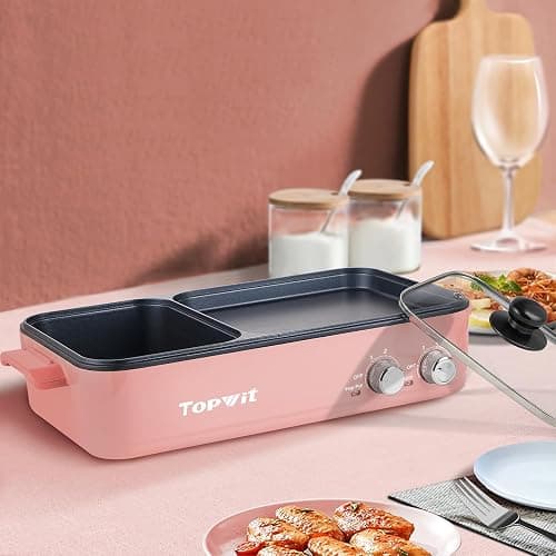 Topwit Hot Pot Electric with Grill, 2 in 1 Indoor Non-stick for Steaks, Shabu Shabu, Noodles, Simmer and Fry, Korean BBQ Grill, Independent Dual Temperature Control, Pink thumbnail 7