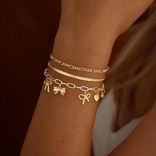 Maxcate 3PCS Charm Gold Bracelets for Women Non Tarnish,14k Plated Gold Bracelet Stack Cute Dainty Stackable Trendy Bow Cross Clover Bracelets Set Tarnish Free Gold Jewelry for Women Gifts thumbnail 2