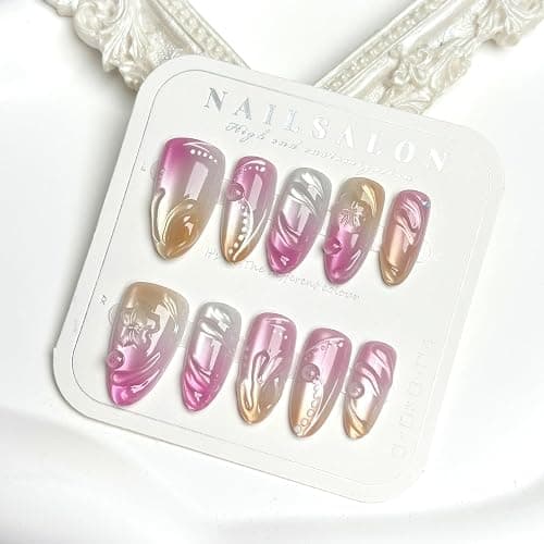 Cat Eye Fake Nails Almond Medium Press on Nails Pink Ombre False Nails Press ons 3D Spring Flowers Acrylic Nails Glossy Gradient Gel Artificial Nail with Designs Jelly for Women Girls Manicure 30Pcs - Image 1