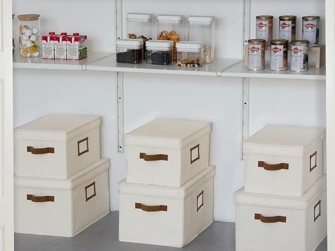 StorageWorks Large Storage Bins with Lids, Decorative Storage Boxes with Lid and PU Handles, Foldable Storage Baskets for Closet, Shelves, Stackable, Ivory, 3-Pack thumbnail 6
