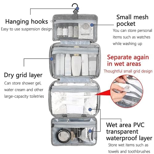 Hanging Toiletry Bag, Men & Women Travel Makeup Wash Bag, Portable Cosmetic Bag Waterproof Multifunctional Travel Organizer for Women, Men, Girls, Business Trip (Grey) thumbnail 5