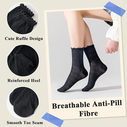 Mcool Mary Women's Ruffle Socks Mesh Casual Lace Cotton Ankle Ultra Thin Frilly Crew Socks for Women 6 Pairs thumbnail 4