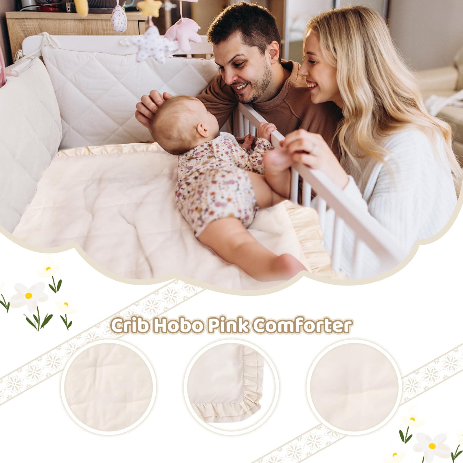 Wowelife - Juego de ropa de cama para cuna, juego de edredón de 3 piezas para niñas, juego de ropa de cama bohemio con volantes incluye edredón para cuna, sábana bajera ajustable para cuna y falda thumbnail 6