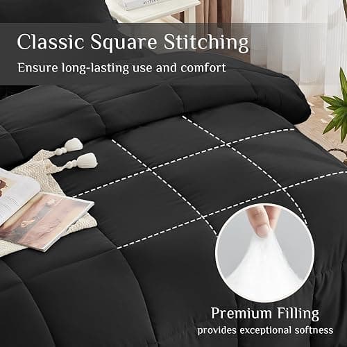 JOLLYVOGUE Queen Comforter Set, Ultra-Soft Bed in a Bag Queen Size 7 Pieces, Oeko-TEX Certified Bedding Set with Down Alternative Comforter, Sheets, Pillowcases & Shams, Black thumbnail 4
