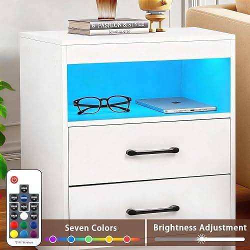ansefe Night Stand with Charging Station and Ambient Light, LED Nightstand with USB-C Ports and Outlets, Morden Bedside Table with 2 Drawers and Open Compartment, End Table for Bedroom, White thumbnail 5