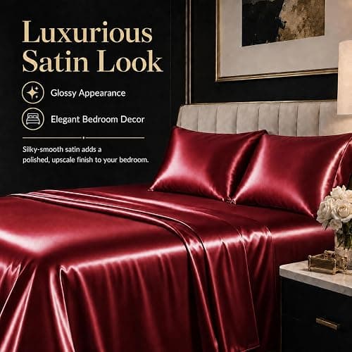 CozyLux Satin Sheets Queen, 4-Piece 14-Inch Deep Pocket Sheet Set | OEKO-TEX Certified Silky Soft Sheet Set for Hair & Skin, Luxurious Silky-Smooth Satin for Elegant Bedroom Decor, Burgundy thumbnail 2