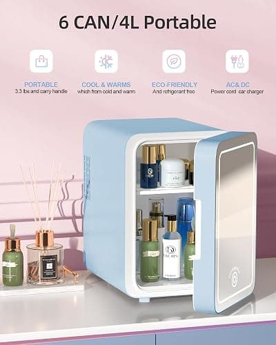 Skincare Fridge With Dimmable LED Light Mirror, 4L Makeup Mini Fridge for Bedroom, Car, Office & Dorm, Cooler & Warmer, Portable Small Refrigerator for Cosmetics, Skin Care and Food, Blue thumbnail 2