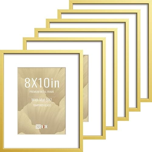 VCK 8x10 Picture Frame Gold 6 Pack, High-End Aluminum Metal Poster Frame with Tempered Glass, Display Photo 5x7 with Mat or 8x10 Without, for Home, Office, Studio and Gallery, Wall Hanging or Tabletop - Image 1