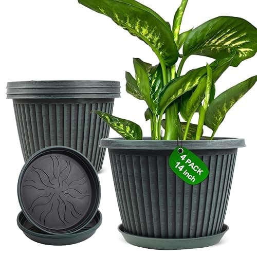 Large-Planter-Indoor-Outdoor Plant Pots, 14 inch 4 Pack Plastic Flower Pots with Saucer And Drainage Holes, Modern Garden Planters For Planting Medium Large Plants, Decorative Resin Garden Pots - Image 1