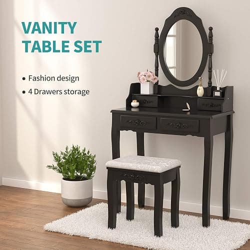 Alohappy Girls Vanity Desk, Makeup Vanity Set with Mirror & Stool, Makeup Table Black Vanity Desk with 4 Drawers Vintage Rose Carving Dressing Desk for Bedroom, Studio (Black) thumbnail 6