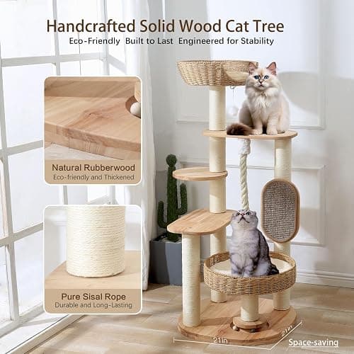 JLDUQKUM Wooden Cat Tree for Large Cat, 49.6IN Tall Cat Tower with Scratching Post for Indoor Cats, Multi-Level Cat Condo with Hand-Woven Cat Bed and Scratching Board Easy to Clean thumbnail 2