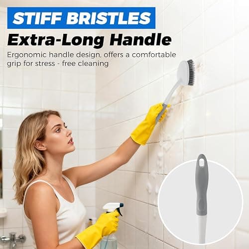 3 Pack Heavy Duty Scrub Brush Set for Household Use, Long Scrub Brush, Handheld Scrub Brush, and Crevice Brush with a Scraper Head for Cleaning Bathroom, Tile, Grout, Tub, Floor, Sink thumbnail 7