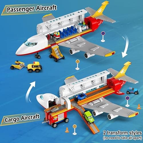 HOGOKIDS 2 Style City Airplane Building Set with LED Light - Large Plane Building Blocks Switch Passenger & Cargo Projectile Toy with 3 Cars, Planes Model Toys Gifts for Adults Boys Girls Age 6-12+ thumbnail 5